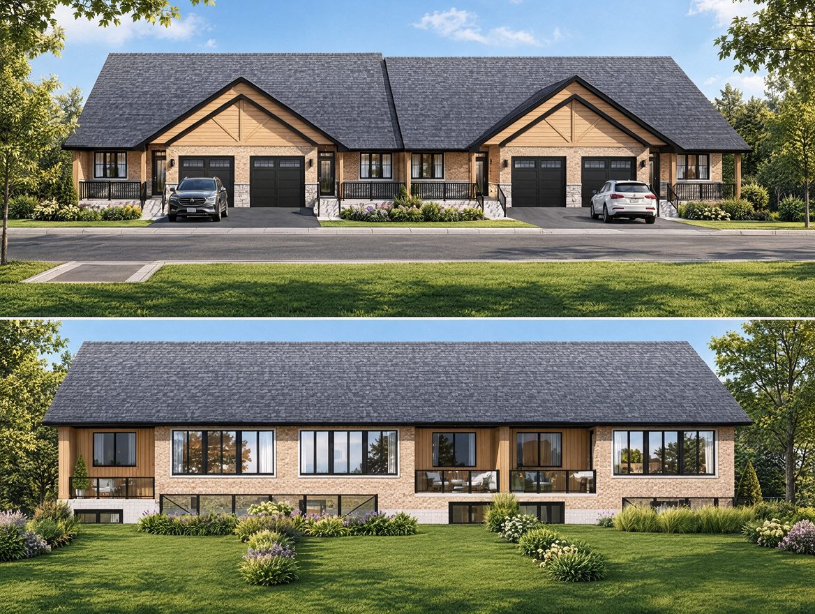 Block A bungalow townhomes — street and riverside elevations