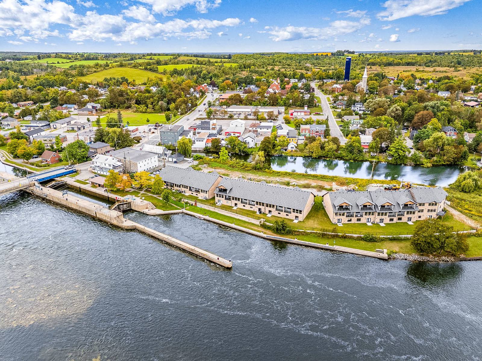 Aerial view of Lock Eighteen on the Trent River, Village of Hastings